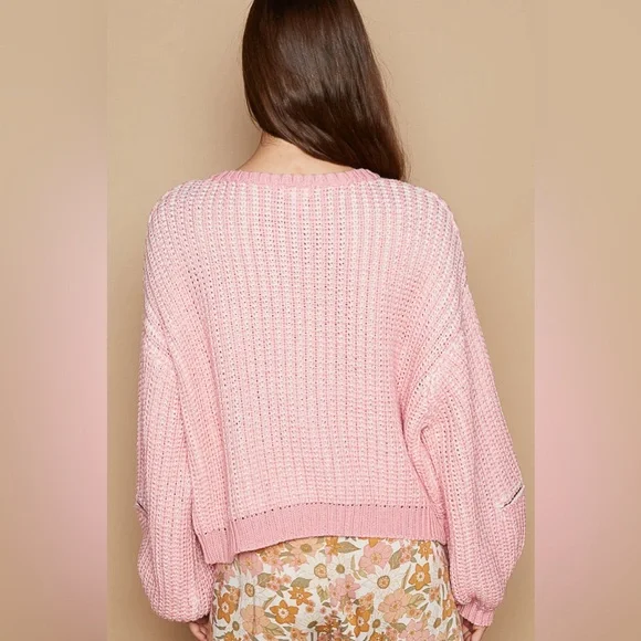 901. 🛑POL AT COST! LAST 1! Crochet Pullover Sweater Pink white Chunky Heart zip - Picture 6 of 6